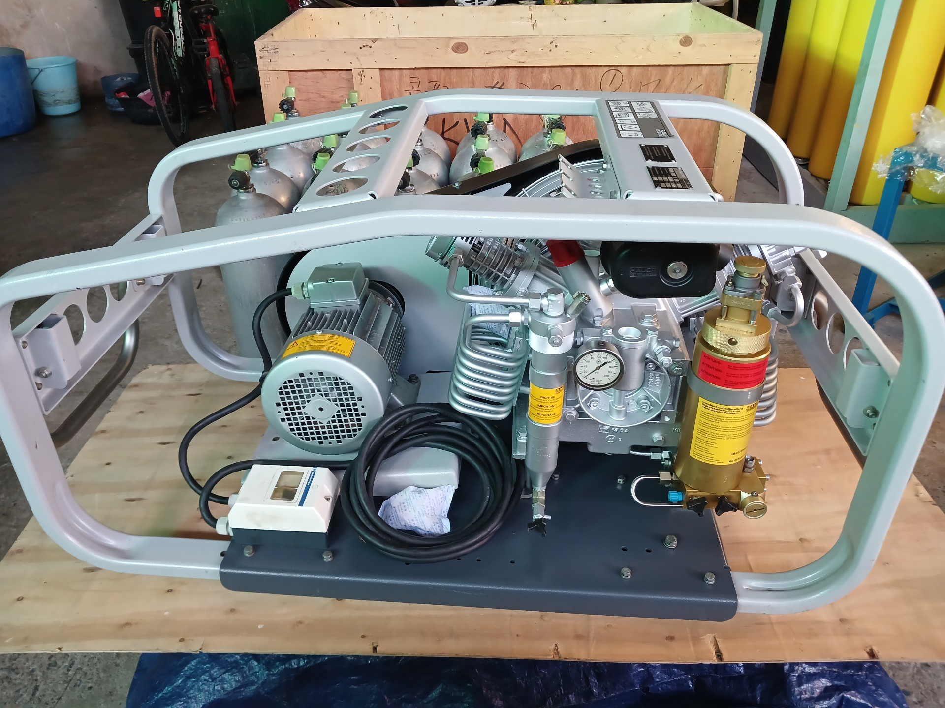 Portable Bauer compressor crated and ready for delivery