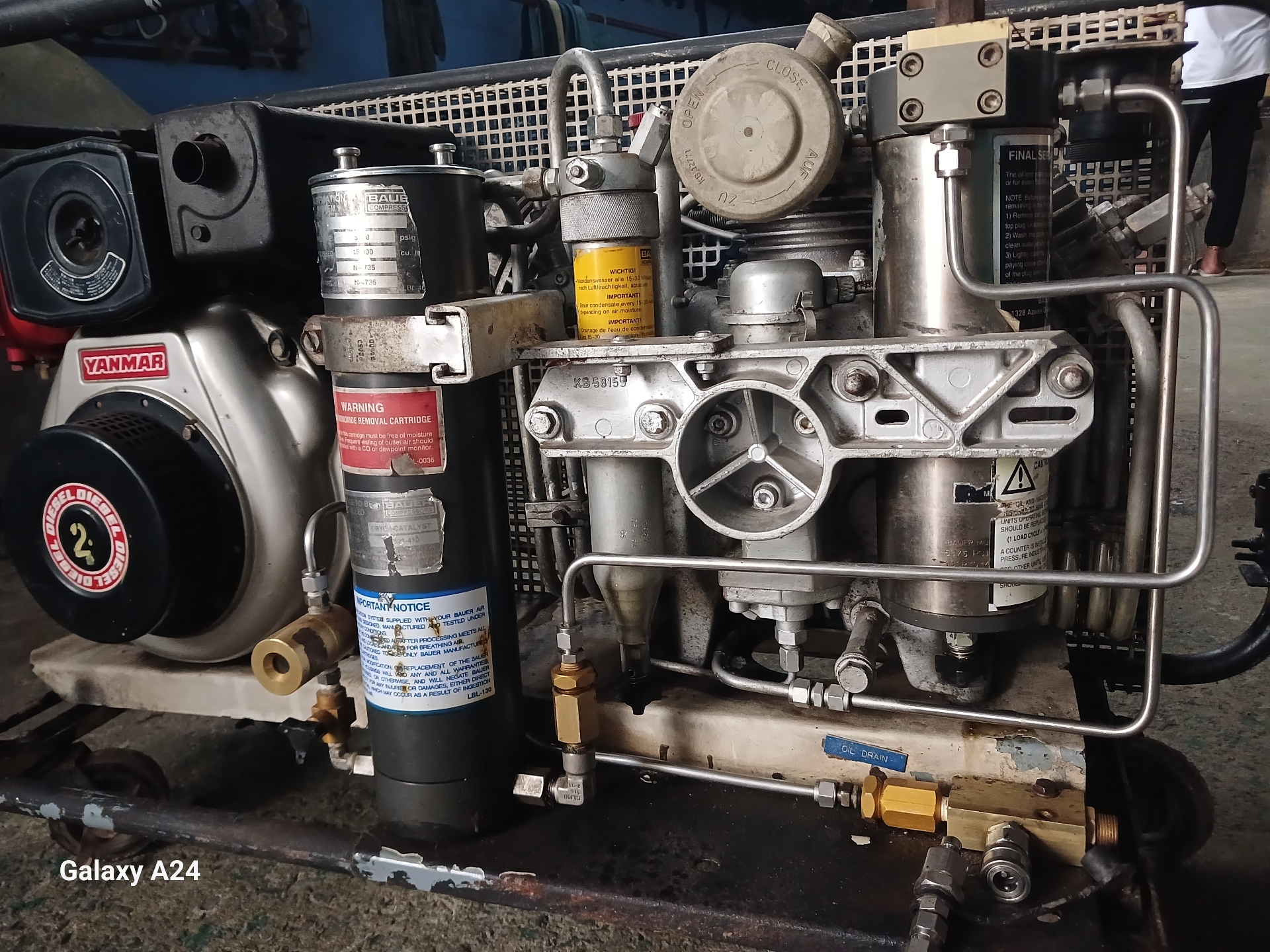 Bauer compressor with Yanmar diesel drive and filter towers