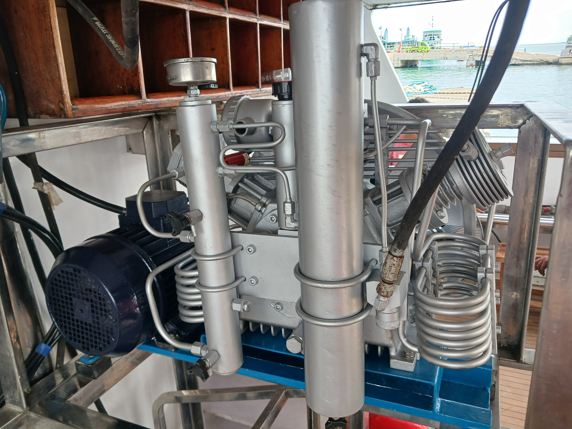 Compressor installation close-up aboard a working dive boat