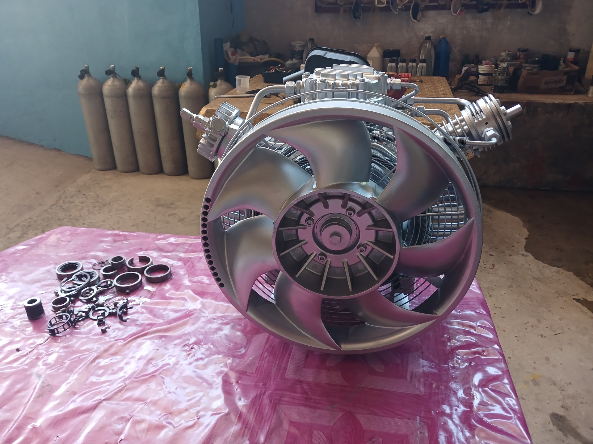 Freshly rebuilt compressor with painted fan shroud