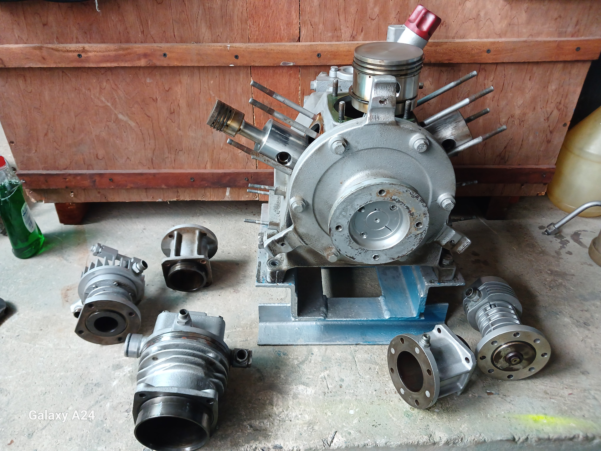 Compressor rebuild with major parts laid out