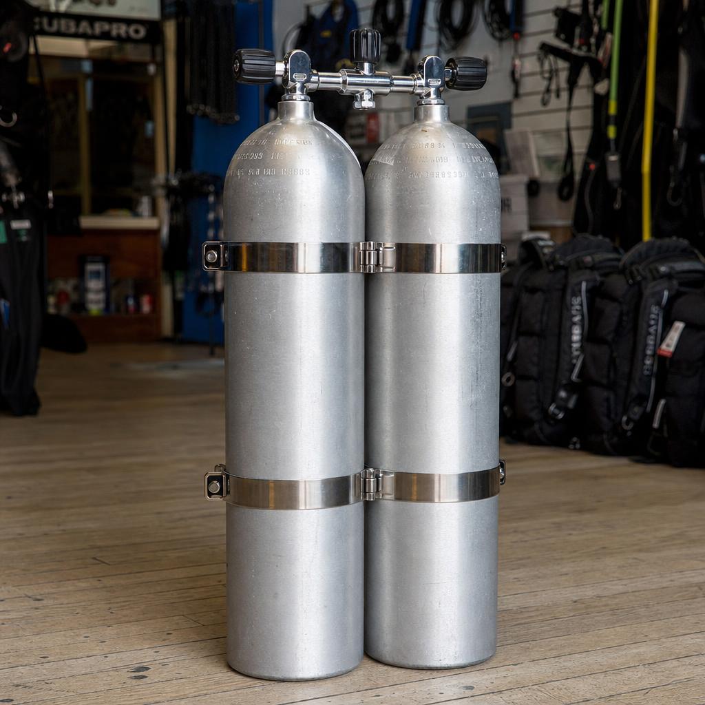 Twin scuba tank setup for extended bottom time