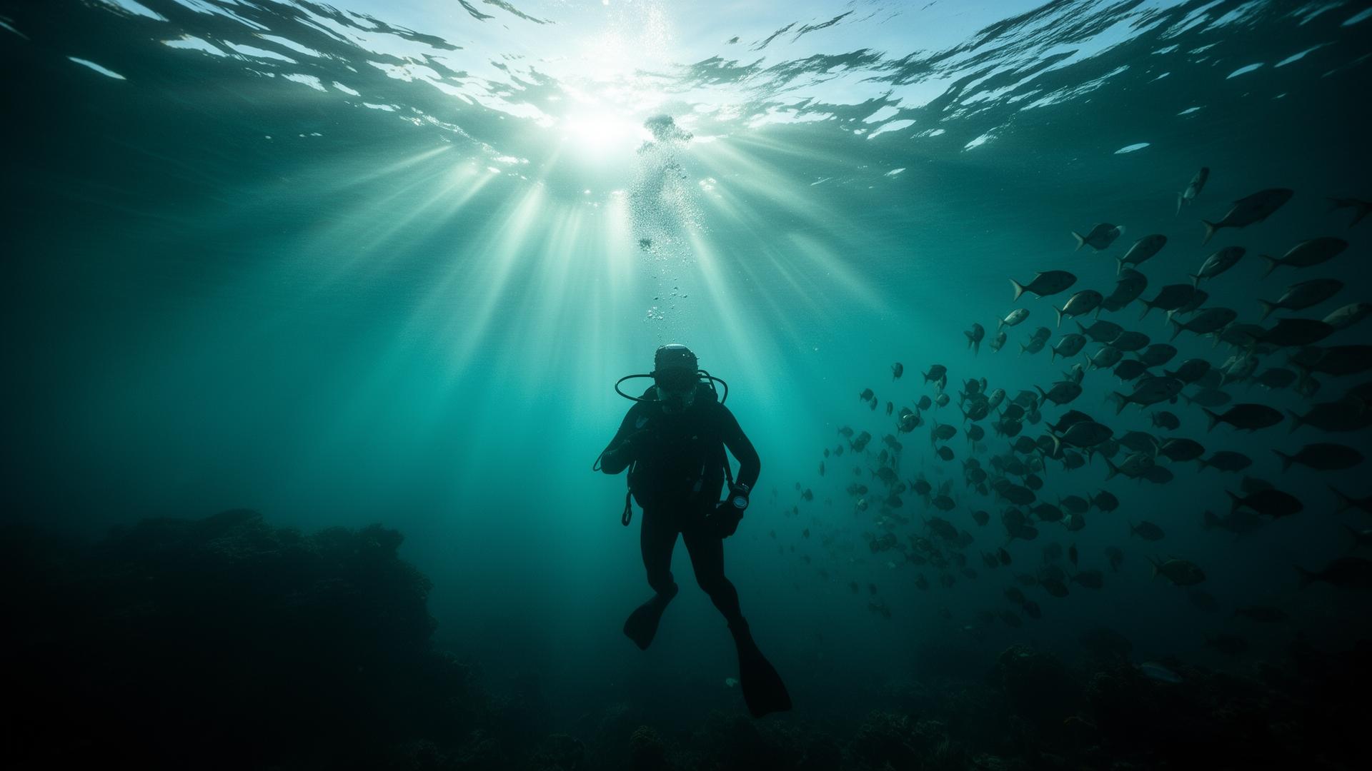 Diver descending through turquoise ocean light